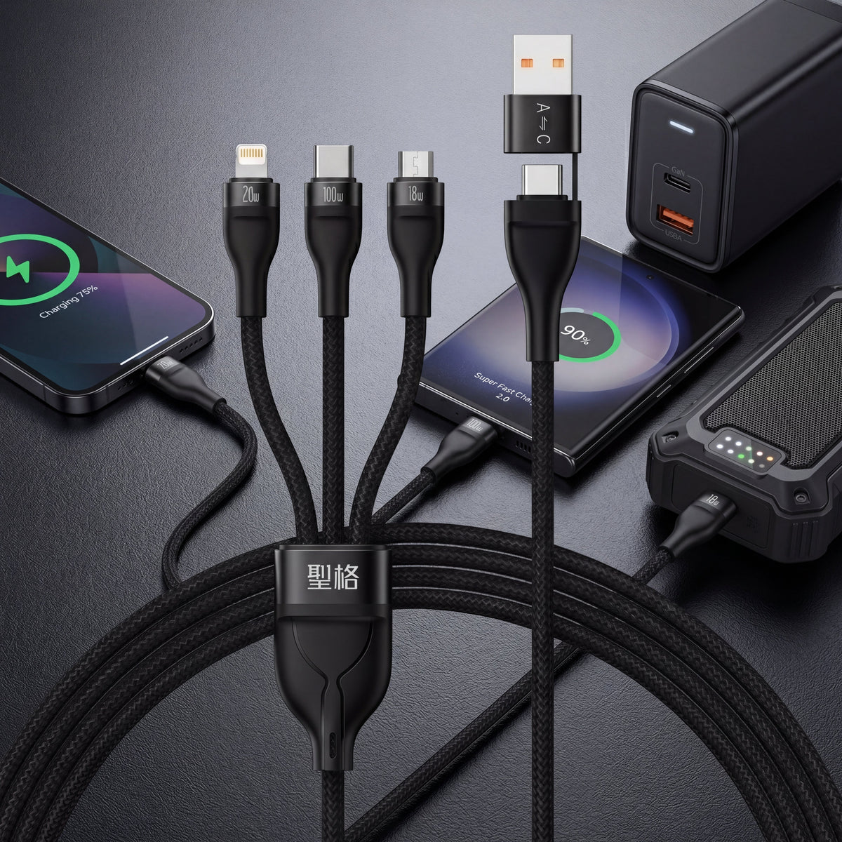 Flash Series II 3 in 2 100W Fast Charging Cable USB-C Lightning Micro USB