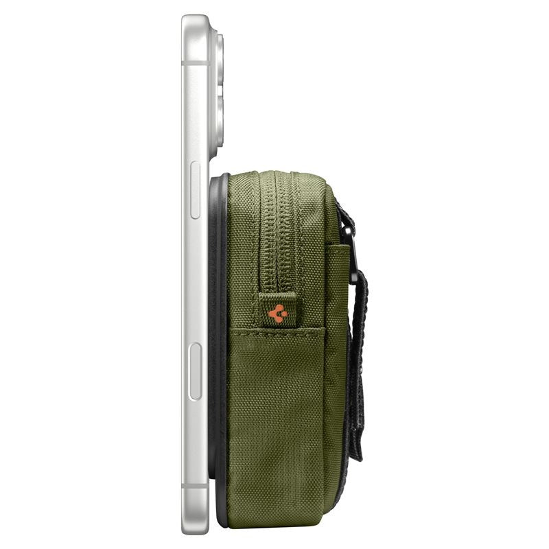 An olive green tactical phone pouch shown in profile, holding a silver smartphone. The pouch features a small orange logo on the front pocket and a black adjustable strap.