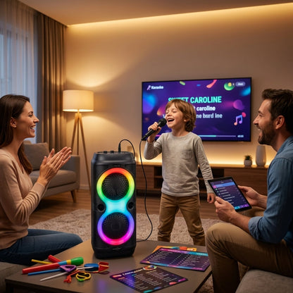 GTS Portable Wireless Bluetooth Karaoke Speaker with Wired Microphone | RGB LED Party Box | FM Radio | USB | TF Card | TWS | Rechargeable Bass Speaker