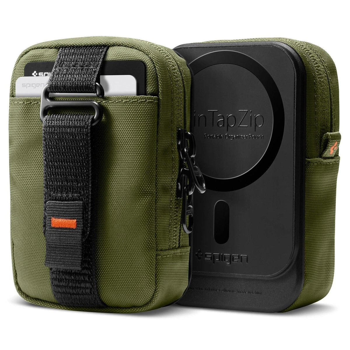 An olive green and black Spigen MagSafe-compatible zippered pouch shown from the front and back, featuring a black webbing strap with a small orange accent tab.