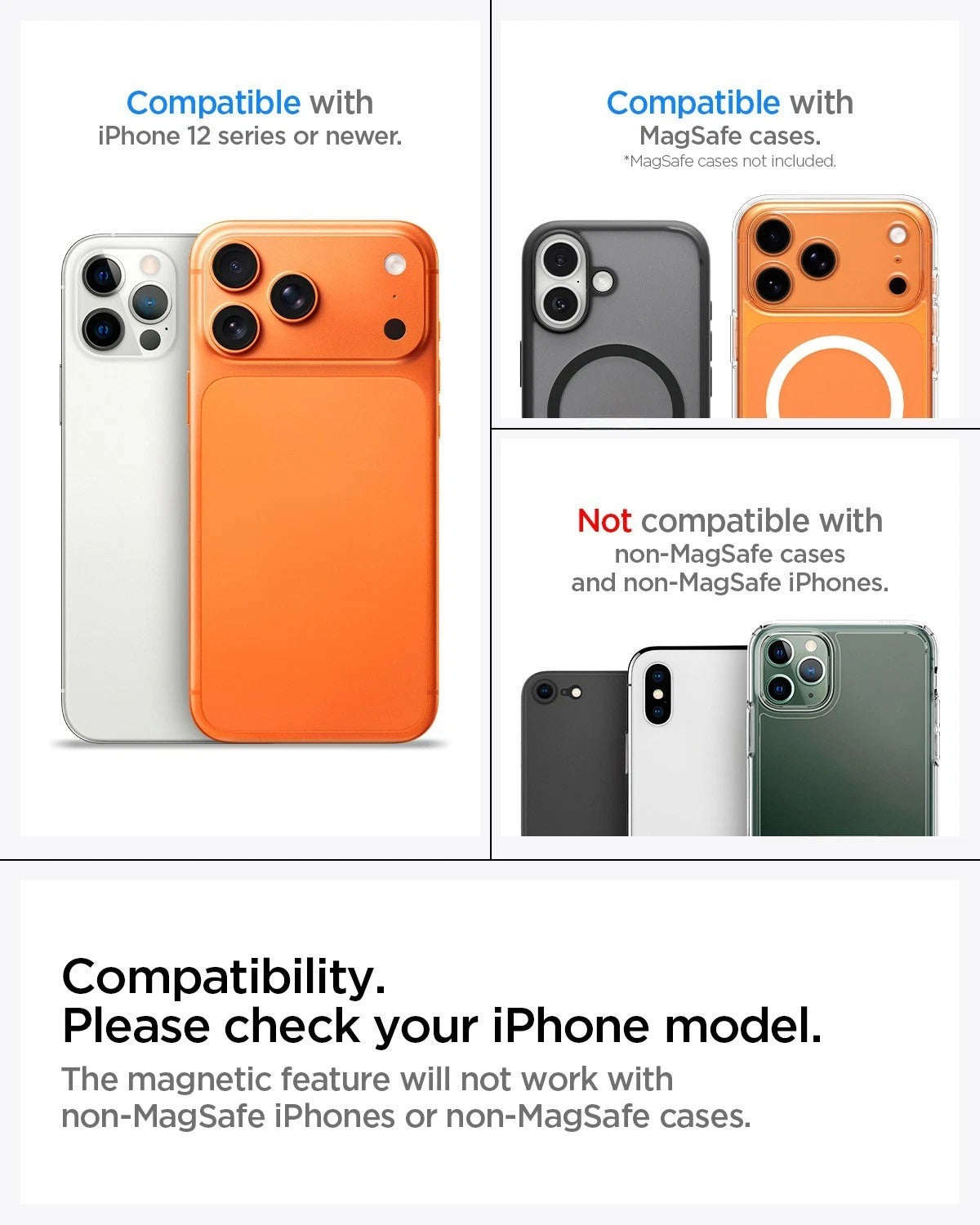 Compatibility information for an iPhone case with text and images of iPhones.