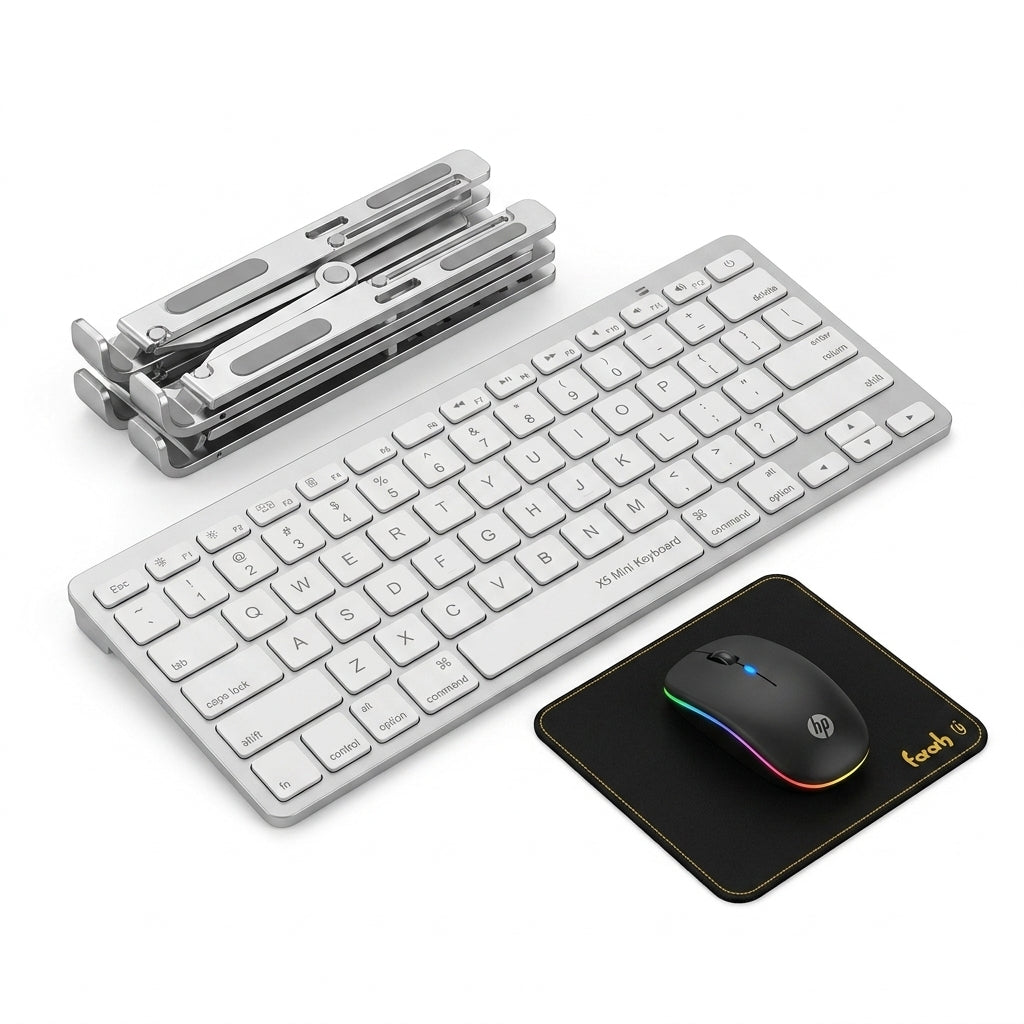 A wireless computer setup set on a white background, featuring a slim white keyboard, a matching white mouse, a black mouse pad with a gold Touch 3 logo, and a stack of silver metal butterfly wings.