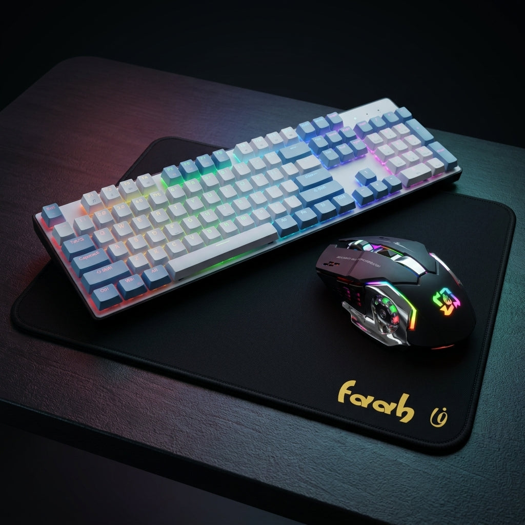 A black gaming desk mat with a gold 'foah' logo, styled with a white mechanical keyboard and a black gaming mouse featuring RGB lighting, set on a dark wooden desk.