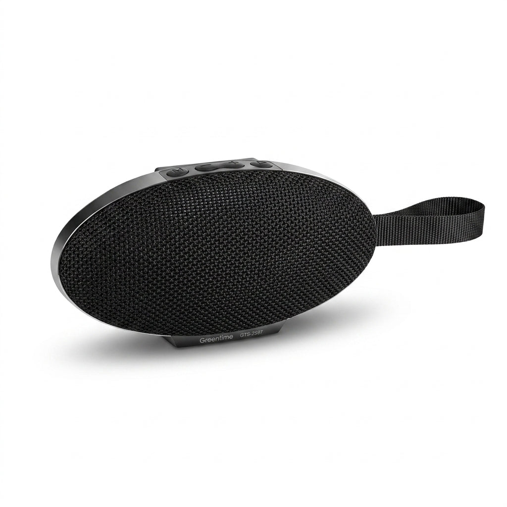 A black oval portable Bluetooth speaker with a textured fabric grille and an attached black carrying strap, shown on a clean white background.
