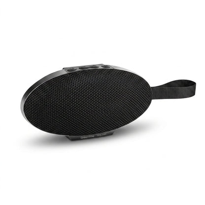 A black oval portable Bluetooth speaker with a textured fabric grille and an attached black carrying strap, shown on a clean white background.