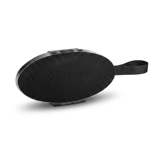 A black oval portable Bluetooth speaker with a textured fabric grille and an attached black carrying strap, shown on a clean white background.