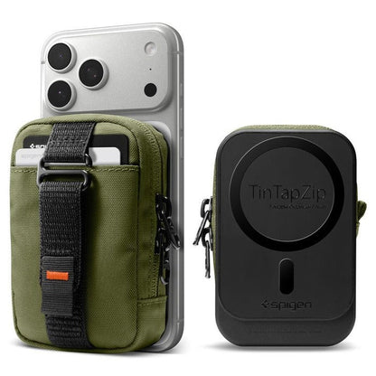 Green phone case with strap and black device holder on a white background