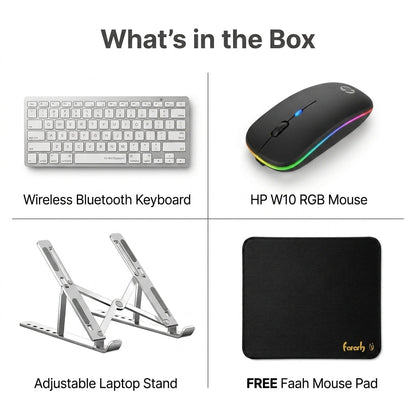 A 2x2 product bundle graphic titled 'What's in the Box' showing a wireless Bluetooth keyboard, an HP W10 RGB mouse, an adjustable laptop stand, and a free Faah mouse pad on a white background.