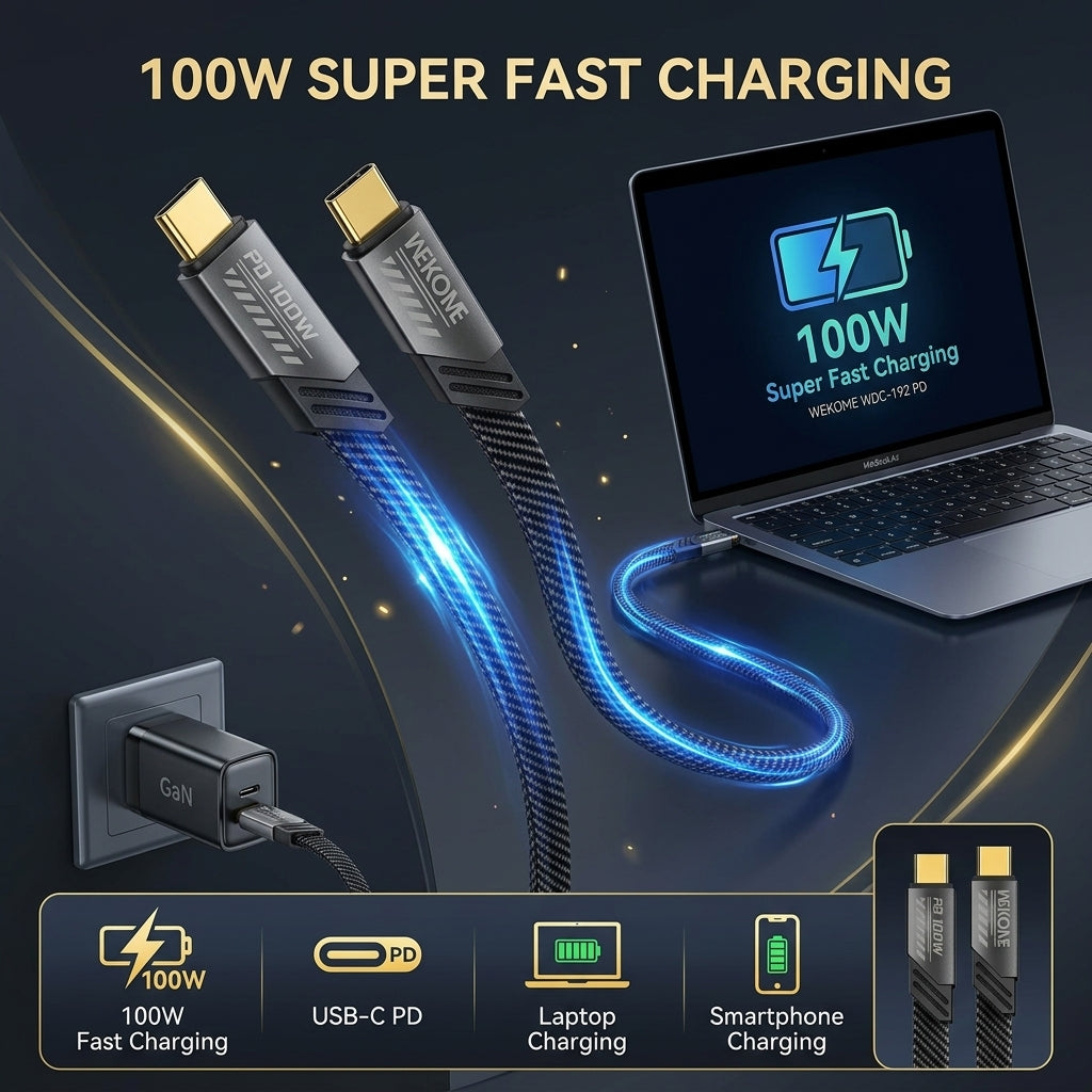 A 100W USB-C PD fast charging cable shown with two gold-plated connectors, a glowing blue cable graphic, a laptop displaying 100W charging, a wall outlet, and feature icons for laptop, smartphone, and PD charging. Text at the top reads '100W SUPER FAST CHARGING'.