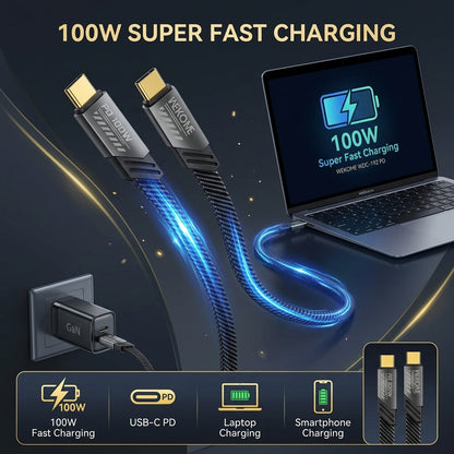 A 100W USB-C PD fast charging cable shown with two gold-plated connectors, a glowing blue cable graphic, a laptop displaying 100W charging, a wall outlet, and feature icons for laptop, smartphone, and PD charging. Text at the top reads '100W SUPER FAST CHARGING'.