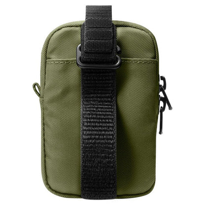 An olive green tactical crossbody pouch with a black webbed strap and black plastic buckle, shown against a plain white background.