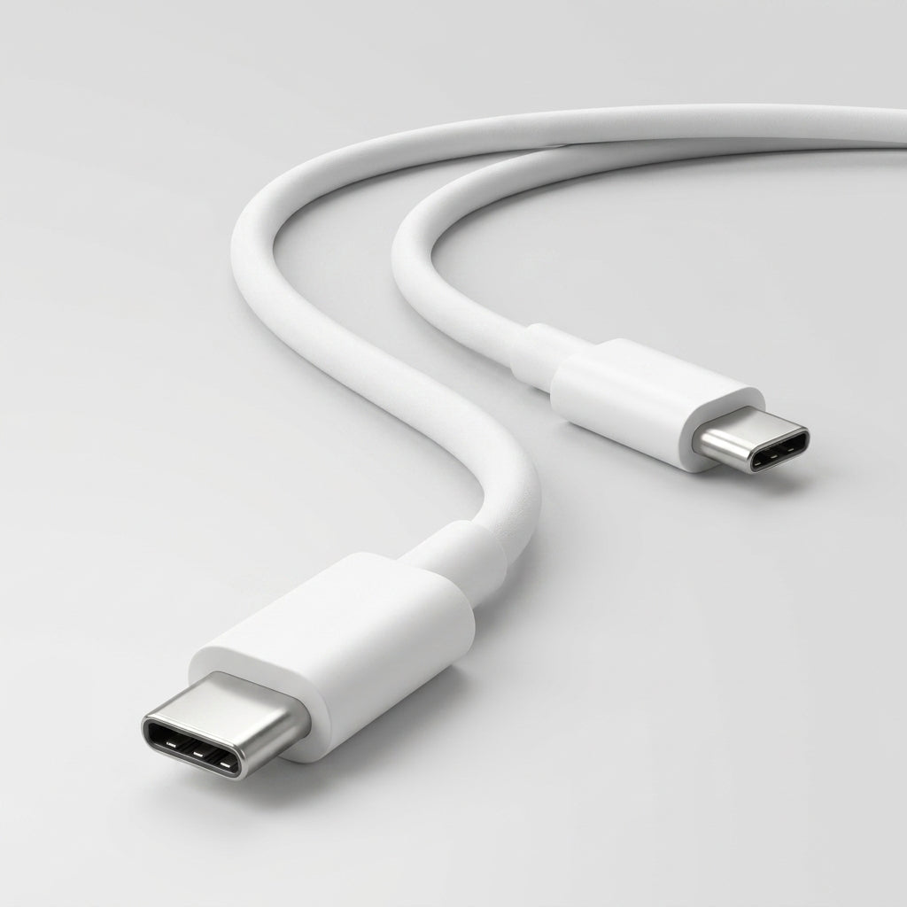 A white USB-C to USB-C cable shown on a clean light gray background, with both connectors visible and the cable curving through the center.