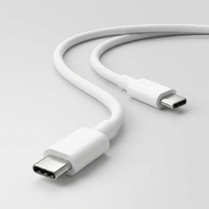 A white USB-C to USB-C cable shown on a clean light gray background, with both connectors visible and the cable curving through the center.