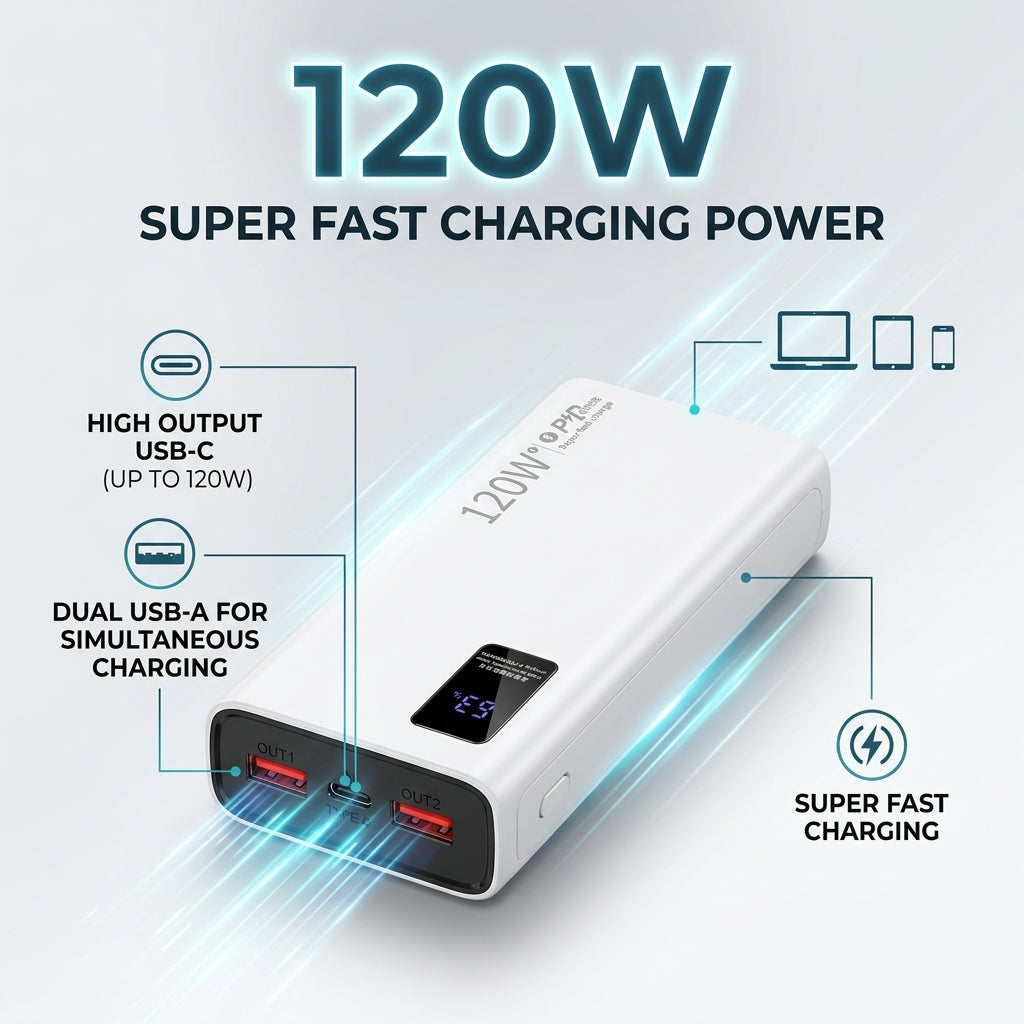 120W 20,000mAh Fast Charging Power Bank with Digital Display – 3-Port Super Fast Charger