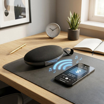 A black oval Bluetooth speaker sits on a dark gray desk mat on a wooden desk, next to a smartphone showing a music player interface with blue wireless signal graphics. The scene is styled with a small plant, clock, notebook, and pen in a bright home office setting.
