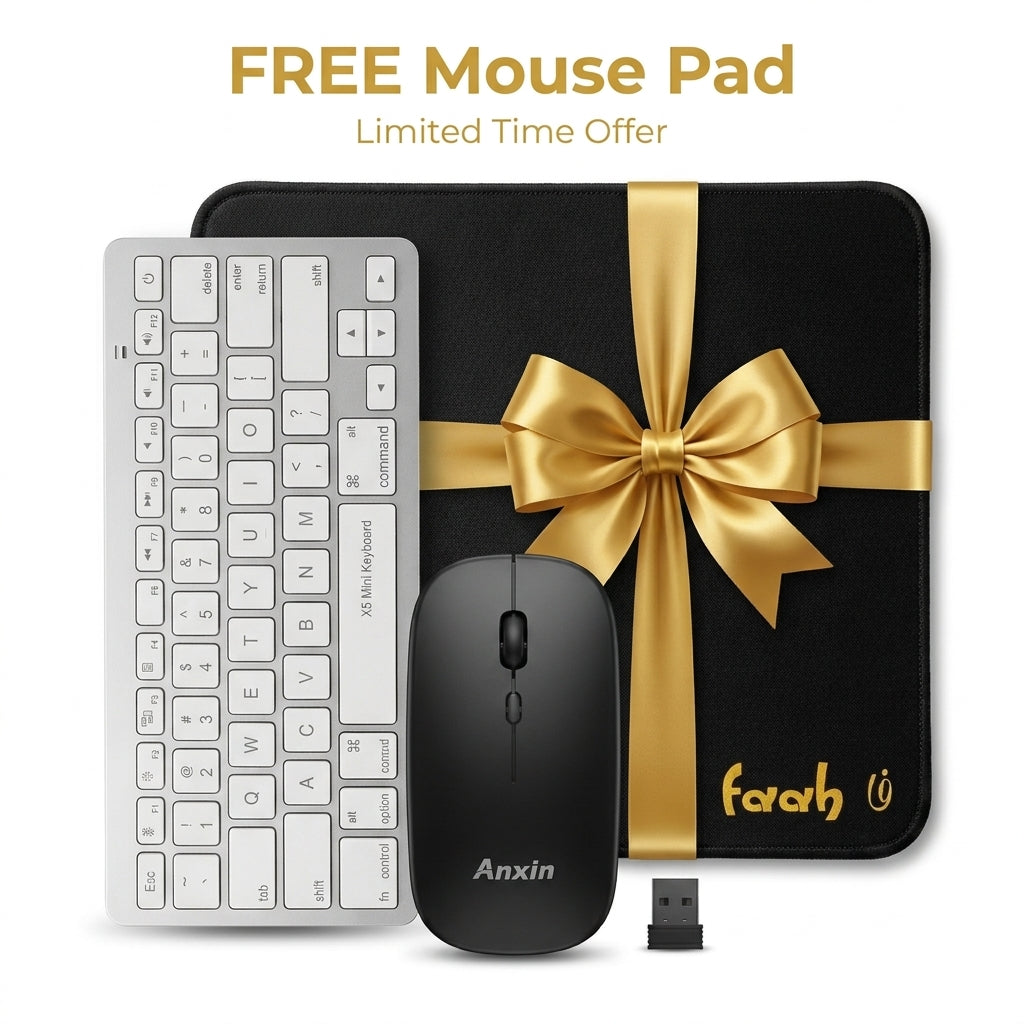 A promotional bundle showing a wireless mouse, mini keyboard, and a black mouse pad with a gold ribbon bow and bow tie. Text at the top reads 'FREE Mouse Pad Limited Time Offer'.