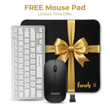 A promotional bundle showing a wireless mouse, mini keyboard, and a black mouse pad with a gold ribbon bow and bow tie. Text at the top reads 'FREE Mouse Pad Limited Time Offer'.