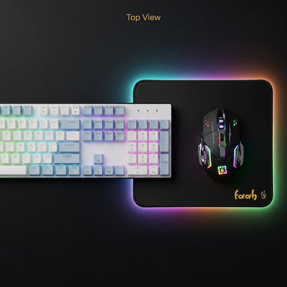 A top-down view of a gaming setup featuring a mechanical keyboard with a white-to-pastel keycap layout, a black gaming mouse, and a large black RGB-lit mouse pad. The text 'Top View' is written at the top, and the brand name 'forb' is visible on the mouse pad.