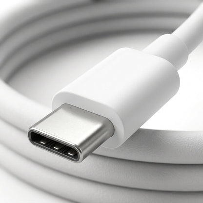 A close-up of a white USB-C cable with a white connector housing and a silver metal USB-C port, shown against a white background with the cable coiled behind it.