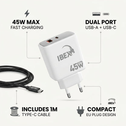 IBEX-06 45W Fast Charger Dual Port (USB-A + USB-C) with 1M Type-C Cable