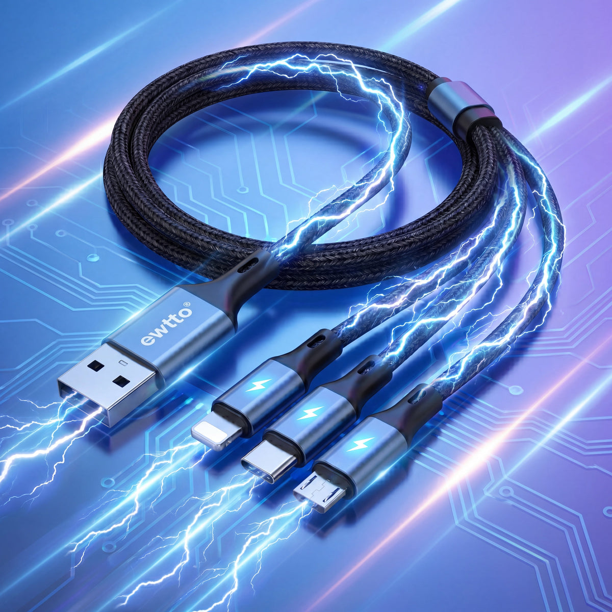 Ewtto 3 in 1 Fast Charging Data Cable USB-C Lightning Micro USB 1.2m