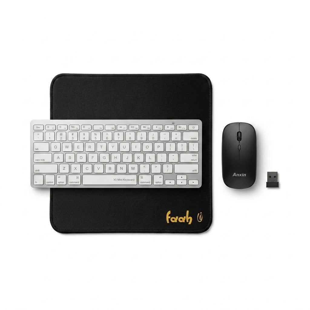A wireless computer setup on a white background, featuring a black rectangular desk mat with a gold 'farah' logo, a white wireless keyboard resting on top, a black wireless mouse, and a small black USB receiver.