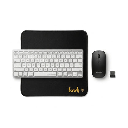 A wireless computer setup on a white background, featuring a black rectangular desk mat with a gold 'farah' logo, a white wireless keyboard resting on top, a black wireless mouse, and a small black USB receiver.