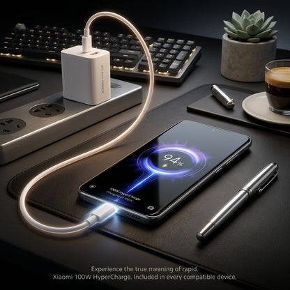 A white Xiaomi 100W wireless charger connected to a smartphone on a dark desk, with a keyboard, plant, coffee cup, and pen around it. Text at the bottom reads: 'Experience the true meaning of rapid.