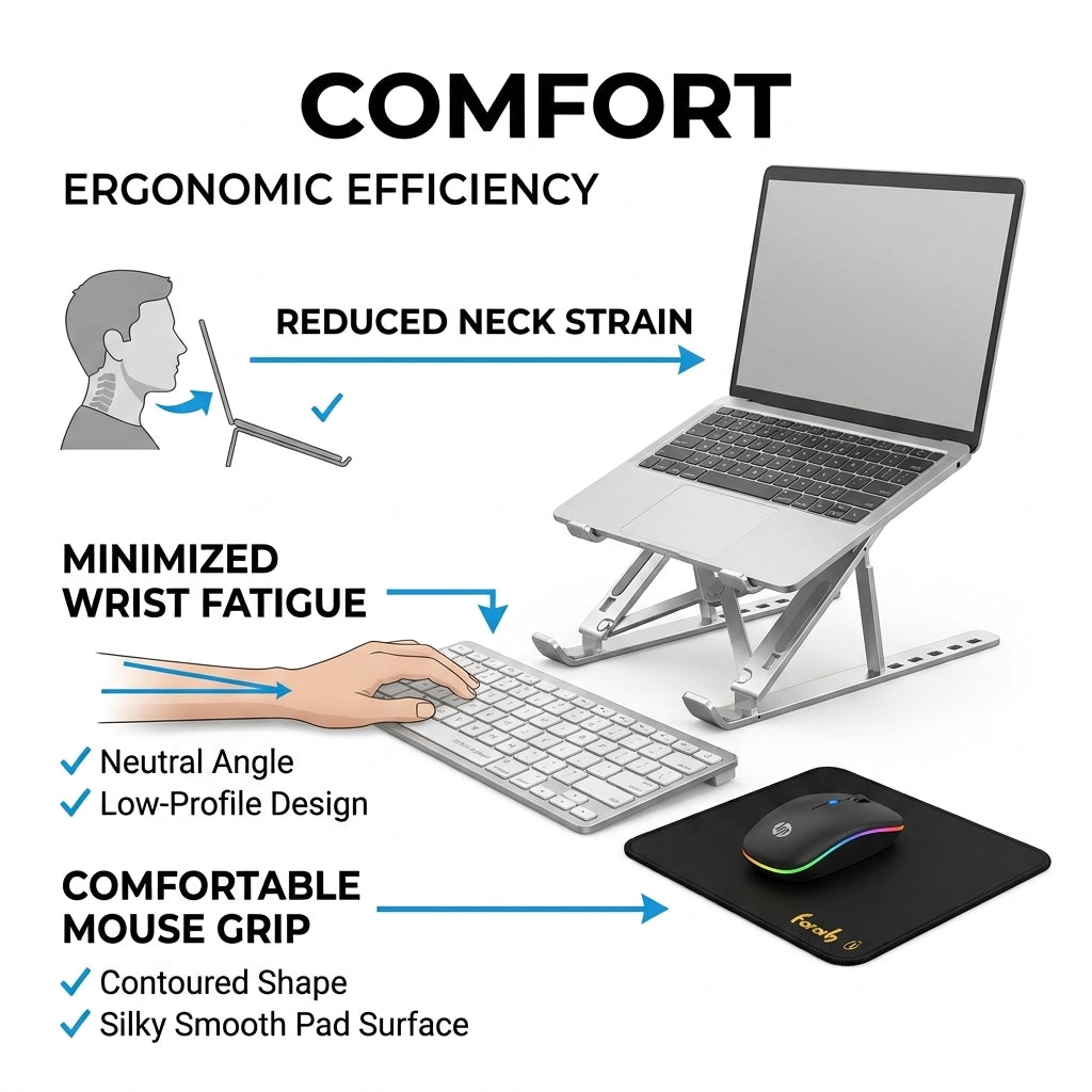 An infographic titled 'COMFORT ERGONOMIC EFFICIENCY' showing a silver laptop on a metal adjustable stand, with callouts about reduced neck strain, minimized wrist fatigue, and a comfortable mouse grip. A hand is shown using a keyboard, and a mouse sits on a black pad.