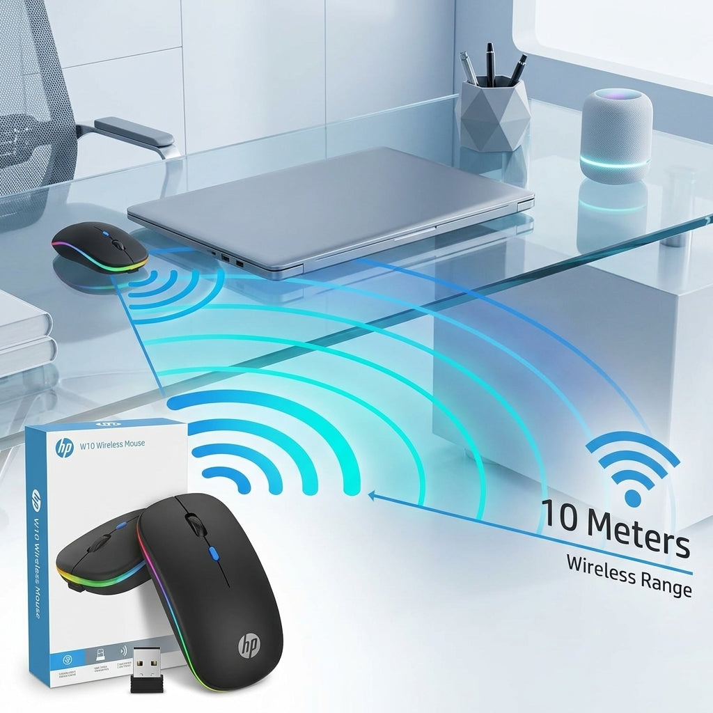 (Anxin) HP W10 Wireless Rechargeable RGB Gaming Mouse+Free Mouse Pad Gift – Silent Click Ultra Slim Adjustable DPI Mouse
