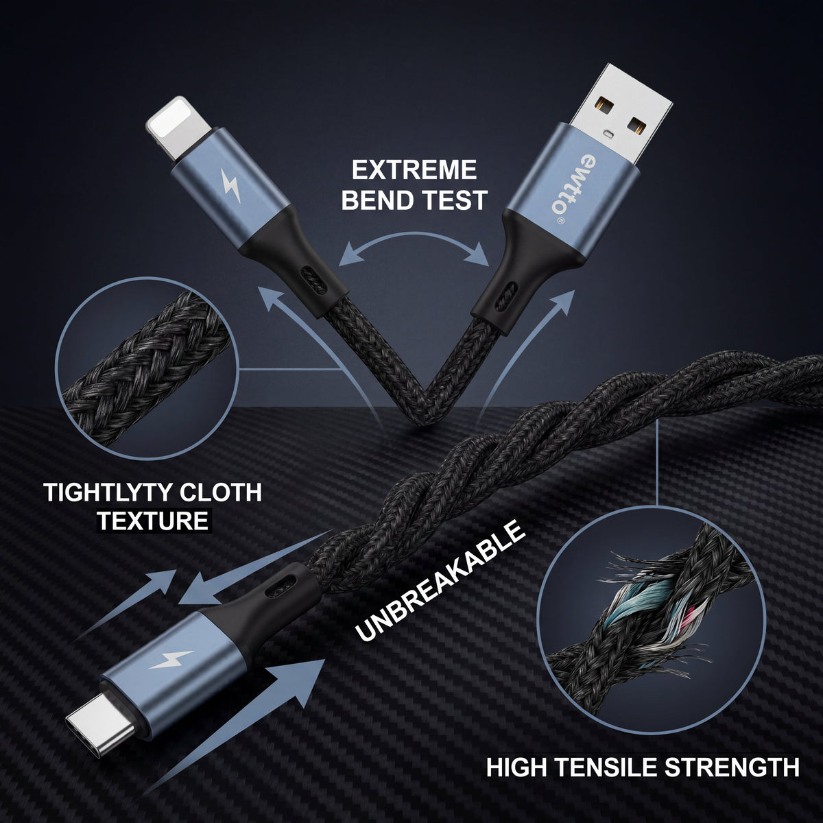 Ewtto 3 in 1 Fast Charging Data Cable USB-C Lightning Micro USB 1.2m