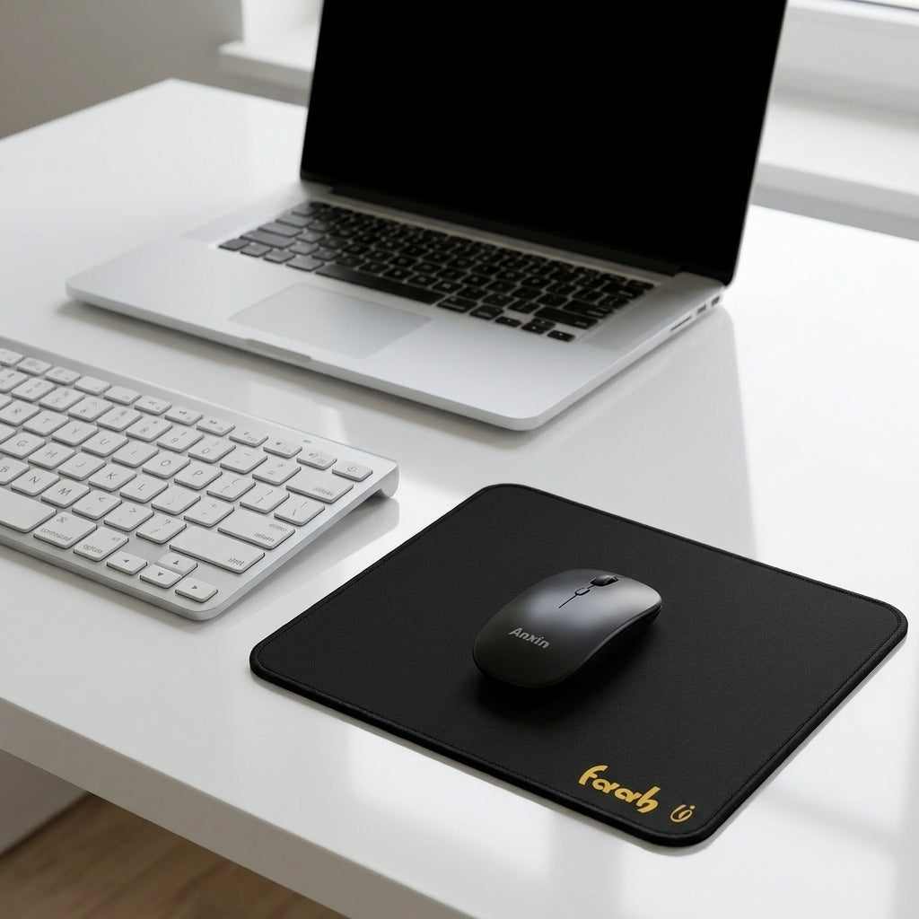 A black rectangular desk mat with a gold 'foxab' logo sits on a white desk next to a white keyboard and a silver laptop. A black computer mouse is placed on top of the desk mat.