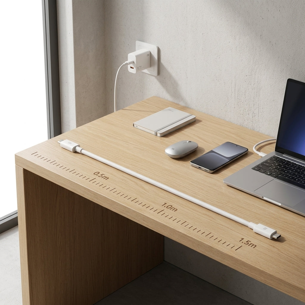 A light wood desk with a built-in white measuring tape laid across the front, alongside a laptop, smartphone, mouse, and small notebook. The scene is set in a real indoor environment near a window and wall outlet, so this is Lifestyle rather than Product/Packaging.