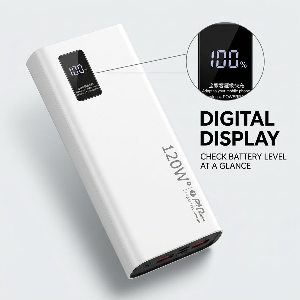 120W 20,000mAh Fast Charging Power Bank with Digital Display – 3-Port Super Fast Charger