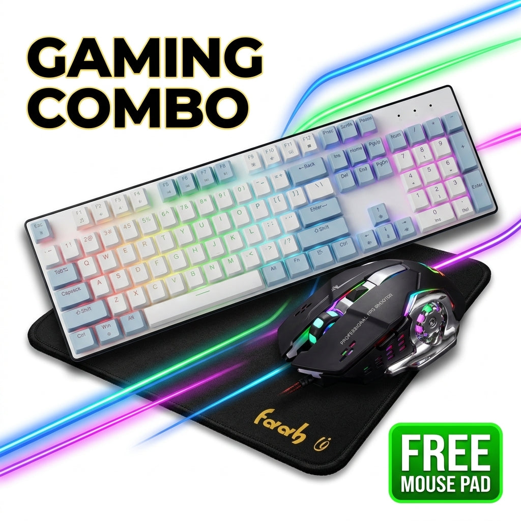 A gaming combo set featuring a white mechanical keyboard with RGB backlighting, a black gaming mouse, and a black mouse pad with gold branding, displayed on a white background with colorful neon light streaks and 'GAMING COMBO' text.