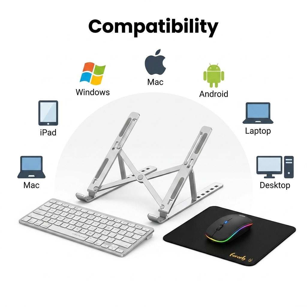 Silver adjustable laptop stand shown with a keyboard, mouse on a mouse pad, and compatibility icons for Windows, Mac, Android, iPad, and Desktop under the heading 'Compatibility'.