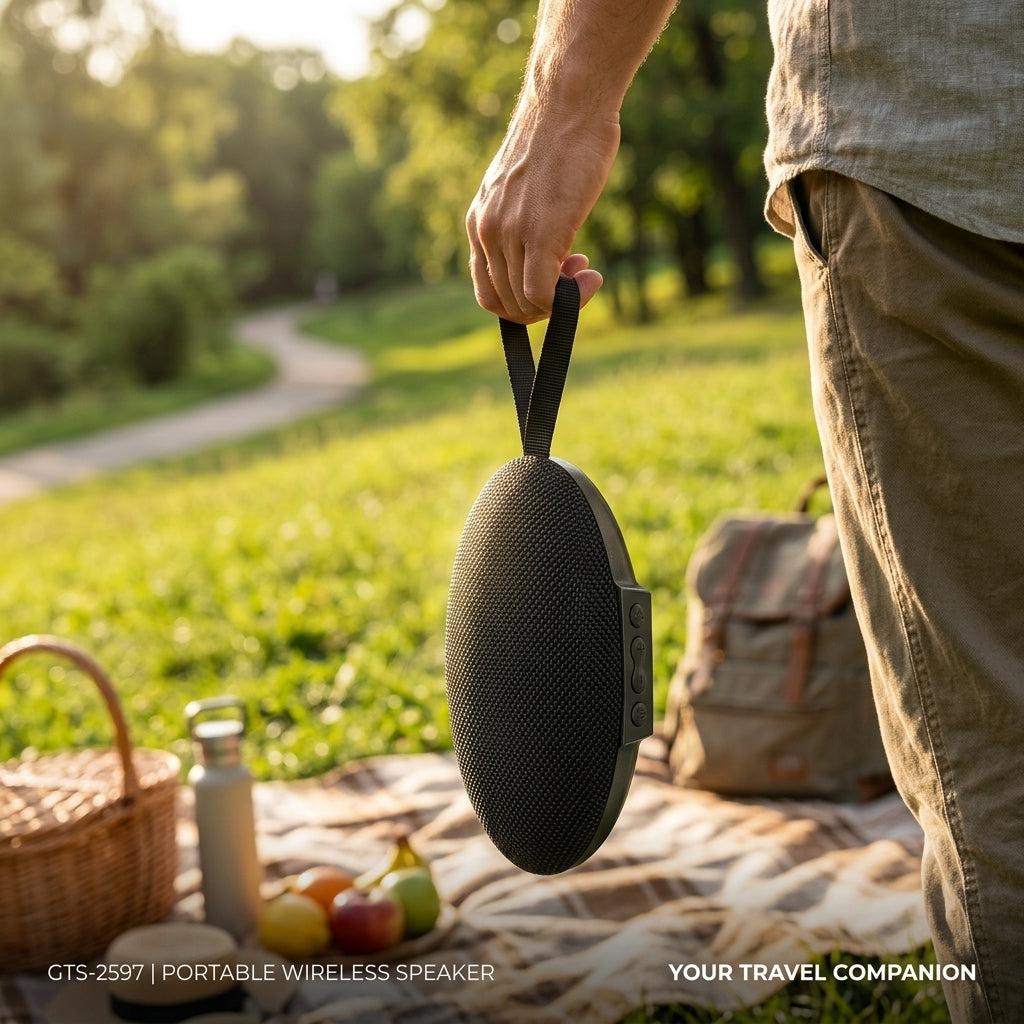A person outdoors at a picnic holding a black oval portable wireless speaker. The background shows a blurred green park path, picnic blanket, fruit, and a backpack, with text reading 'GTS-2597 | PORTABLE WIRELESS SPEAKER' and 'YOUR TRAVEL COMPANION'.