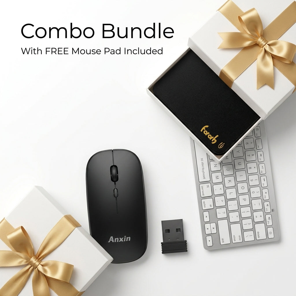 Anxin wireless mouse bundle with a black wireless mouse, USB receiver, mini keyboard, and gift boxes with gold ribbons. Text at the top reads 'Combo Bundle With FREE Mouse Pad Included'.