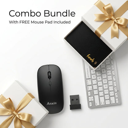 Anxin wireless mouse bundle with a black wireless mouse, USB receiver, mini keyboard, and gift boxes with gold ribbons. Text at the top reads 'Combo Bundle With FREE Mouse Pad Included'.