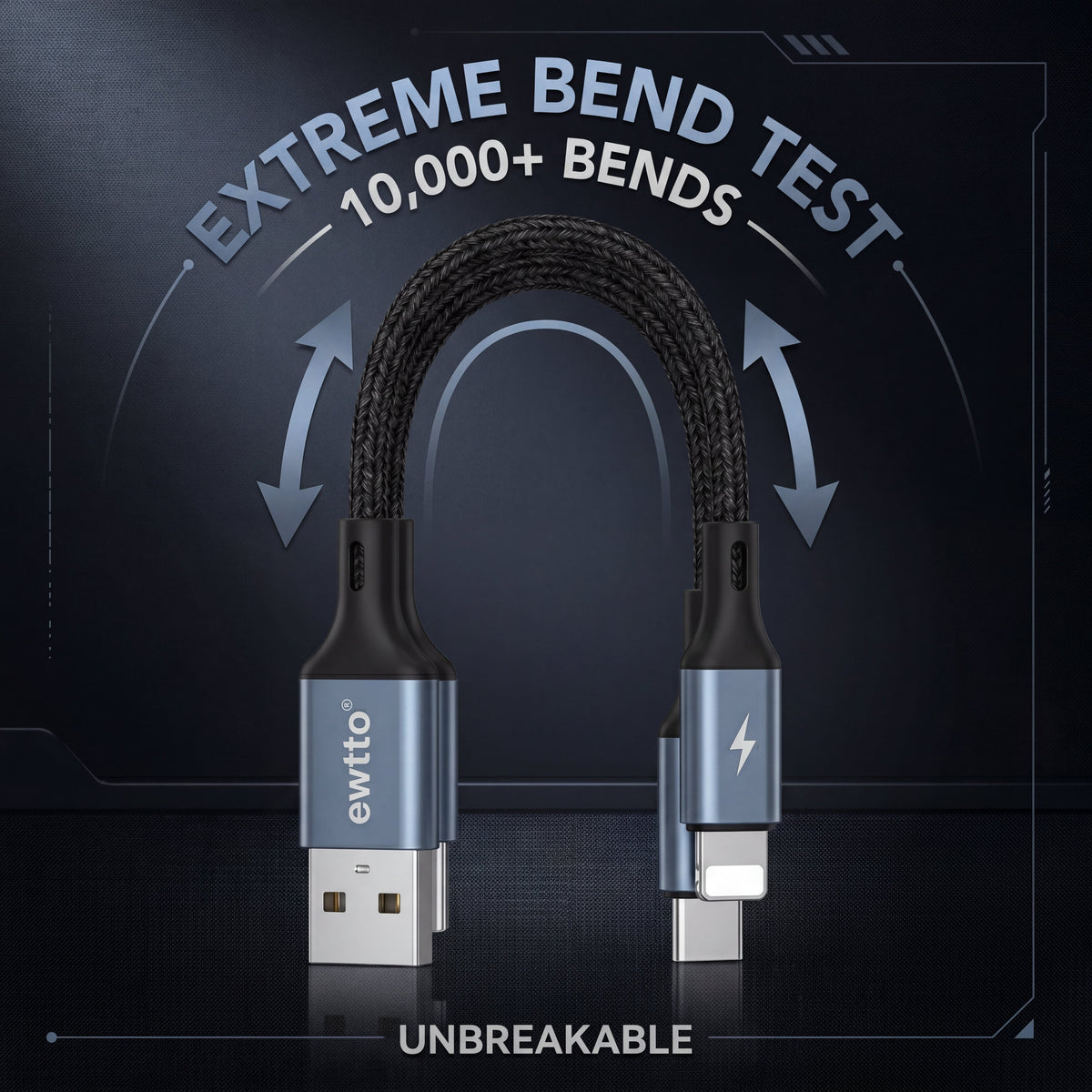 Ewtto 3 in 1 Fast Charging Data Cable USB-C Lightning Micro USB 1.2m