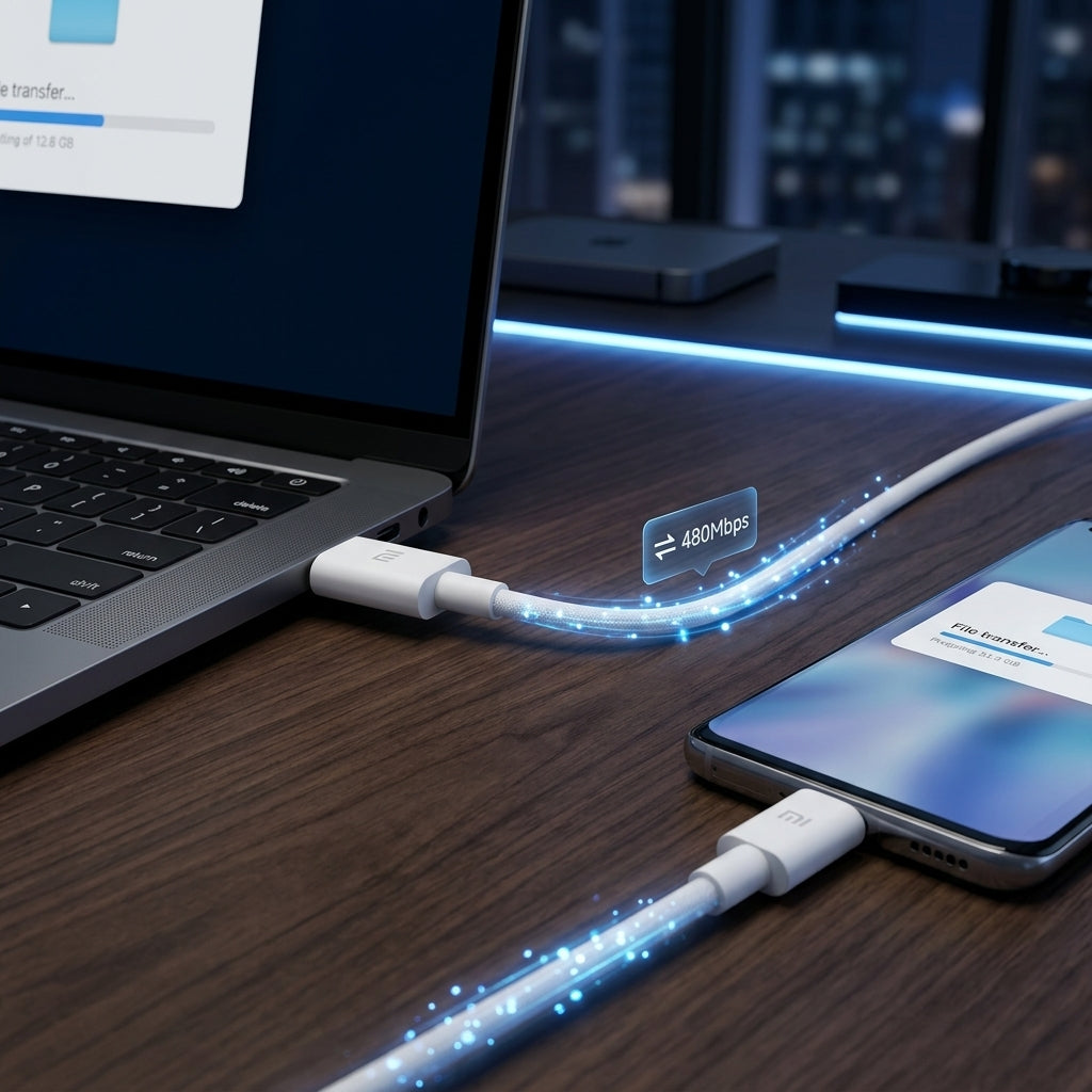 A white USB-C to USB-C charging cable shown connected to a laptop and smartphone on a dark wooden desk, with glowing blue light effects and a small speed badge indicating 4800Mbps.