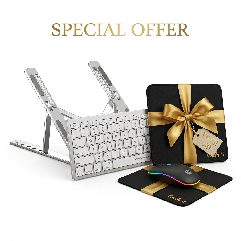 A promotional product shot on a white background showing a silver wireless keyboard, a clear adjustable stand, a black mouse pad with a rainbow-edged mouse, and a black gift box tied with a gold ribbon. Gold text at the top reads 'SPECIAL OFFER'.