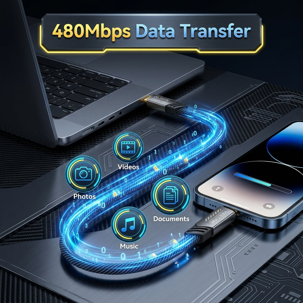 A curved blue data transfer cable shown connecting a laptop, a smartphone, and a USB hub, with glowing icons for photos, videos, documents, and music. Text at the top reads '480Mbps Data Transfer' on a dark tech-style background.