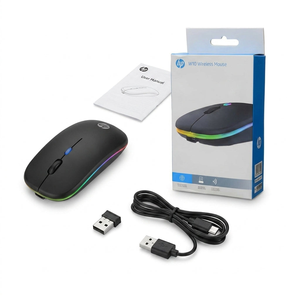 (Anxin) HP W10 Wireless Rechargeable RGB Gaming Mouse+Free Mouse Pad Gift – Silent Click Ultra Slim Adjustable DPI Mouse