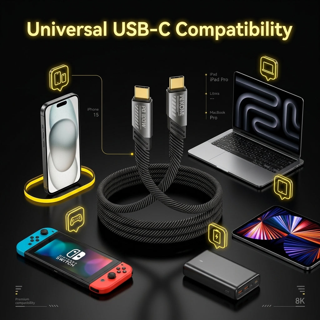 A coiled black USB-C cable shown with several electronic devices around it, including a smartphone, laptop, tablet, and Nintendo Switch, on a dark background with the text 'Universal USB-C Compatibility' and small compatibility callouts.