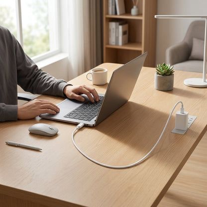 A person uses a laptop at a wooden desk in a bright home office, with a white power strip and charging cable on the desk near an outlet.