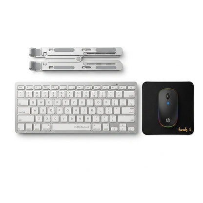 A wireless computer setup set featuring a compact white keyboard, a matching white mouse on a black mouse pad, and two silver metal monitor arms, arranged on a plain white background.