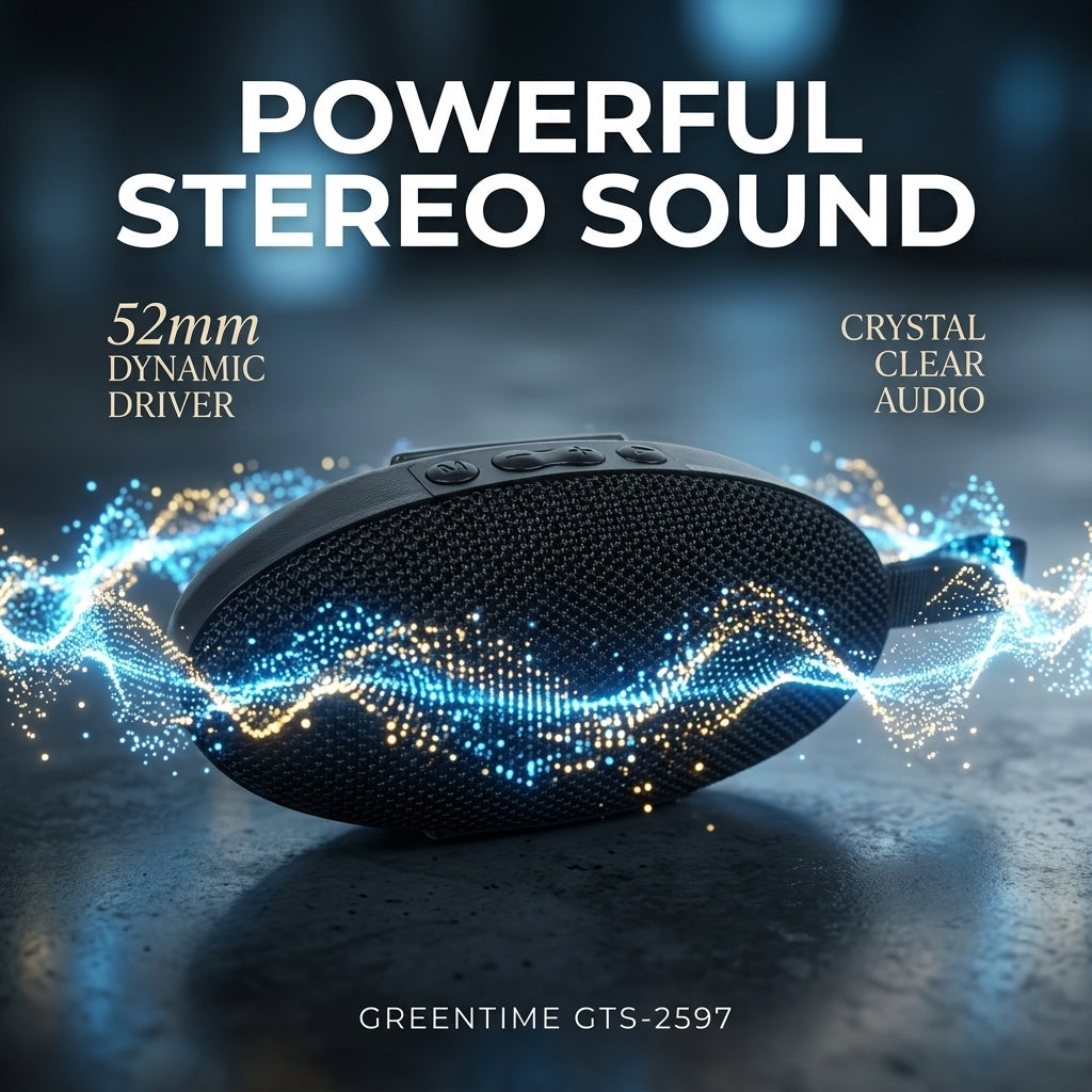 A black oval wireless speaker with glowing blue and gold soundwave graphics, set against a dark reflective surface with promotional text reading 'POWERFUL STEREO SOUND', '52mm DYNAMIC DRIVER', and 'CRYSTAL CLEAR AUDIO'. Brand text 'GREENTIME GTS-2597' appears at the bottom.