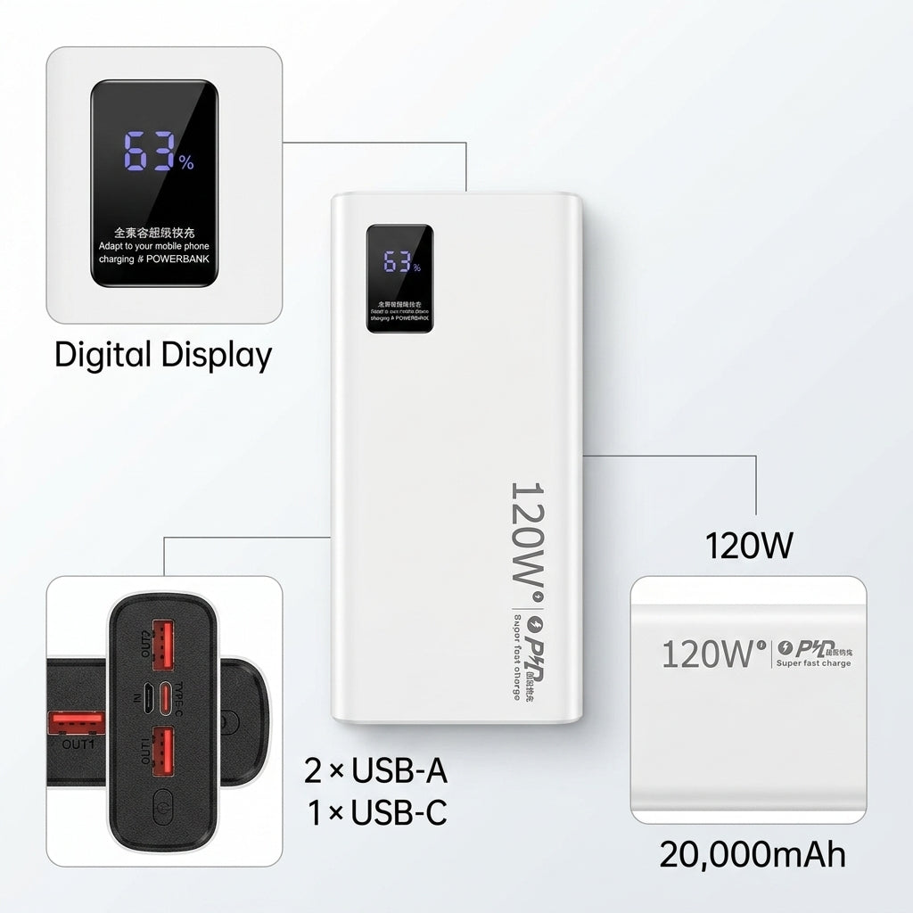 120W 20,000mAh Fast Charging Power Bank with Digital Display – 3-Port Super Fast Charger