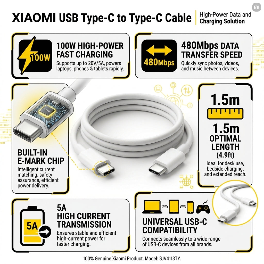A white Xiaomi USB Type-C to Type-C cable shown on a black background with multiple informational callouts about speed, charging power, length, and compatibility.